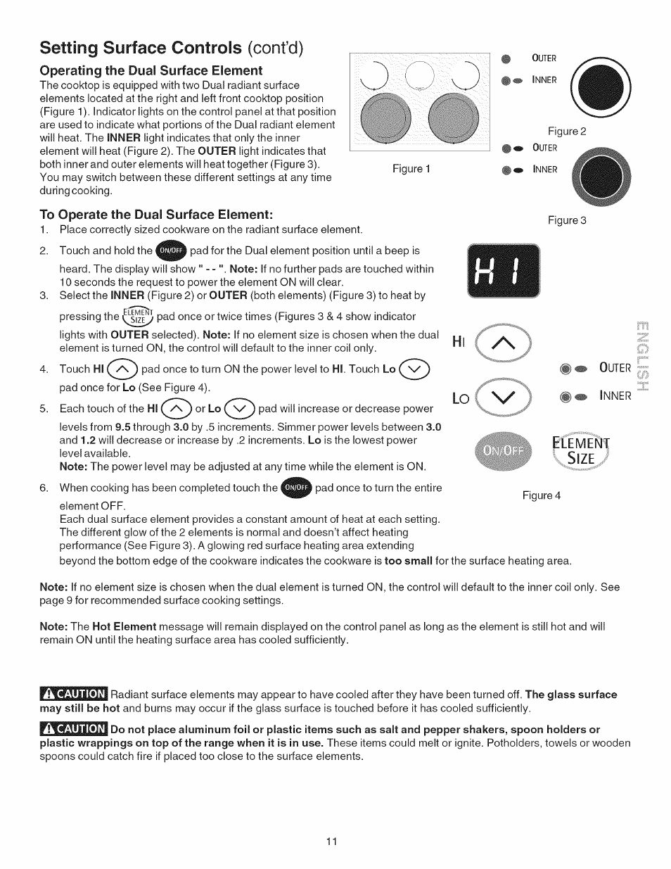 To operate the dual surface element, A caution, Setting surface controls (cont’d) | Hi lo | Kenmore 790.4101 User Manual | Page 11 / 44