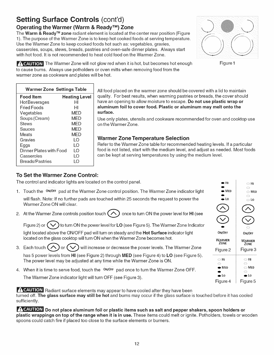 Operating the warmer (warm & readyzone, Warmer zone temperature selection, To set the warmer zone control | Setting surface controls (cont’d), Operating the warmer (warm & ready zone | Kenmore 790.4101 User Manual | Page 12 / 44