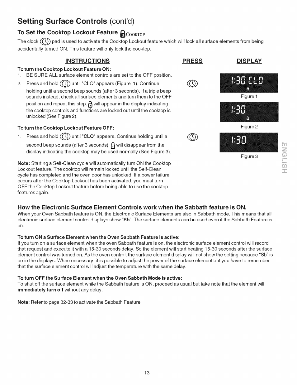 To set the cooktop lockout feature qcooktop, Instructions, To turn the cooktop lockout feature off | Press, Display, Lon i-ju, Setting surface controls (cont’d), On ou | Kenmore 790.4101 User Manual | Page 13 / 44