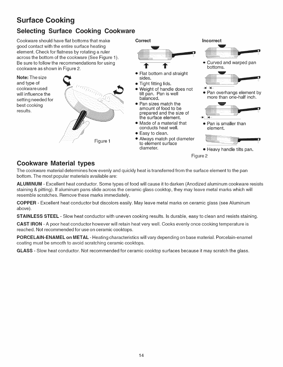 Surface cooking, Correct, Incorrect | Cookware material types, Selecting surface cooking cookware | Kenmore 790.4101 User Manual | Page 14 / 44