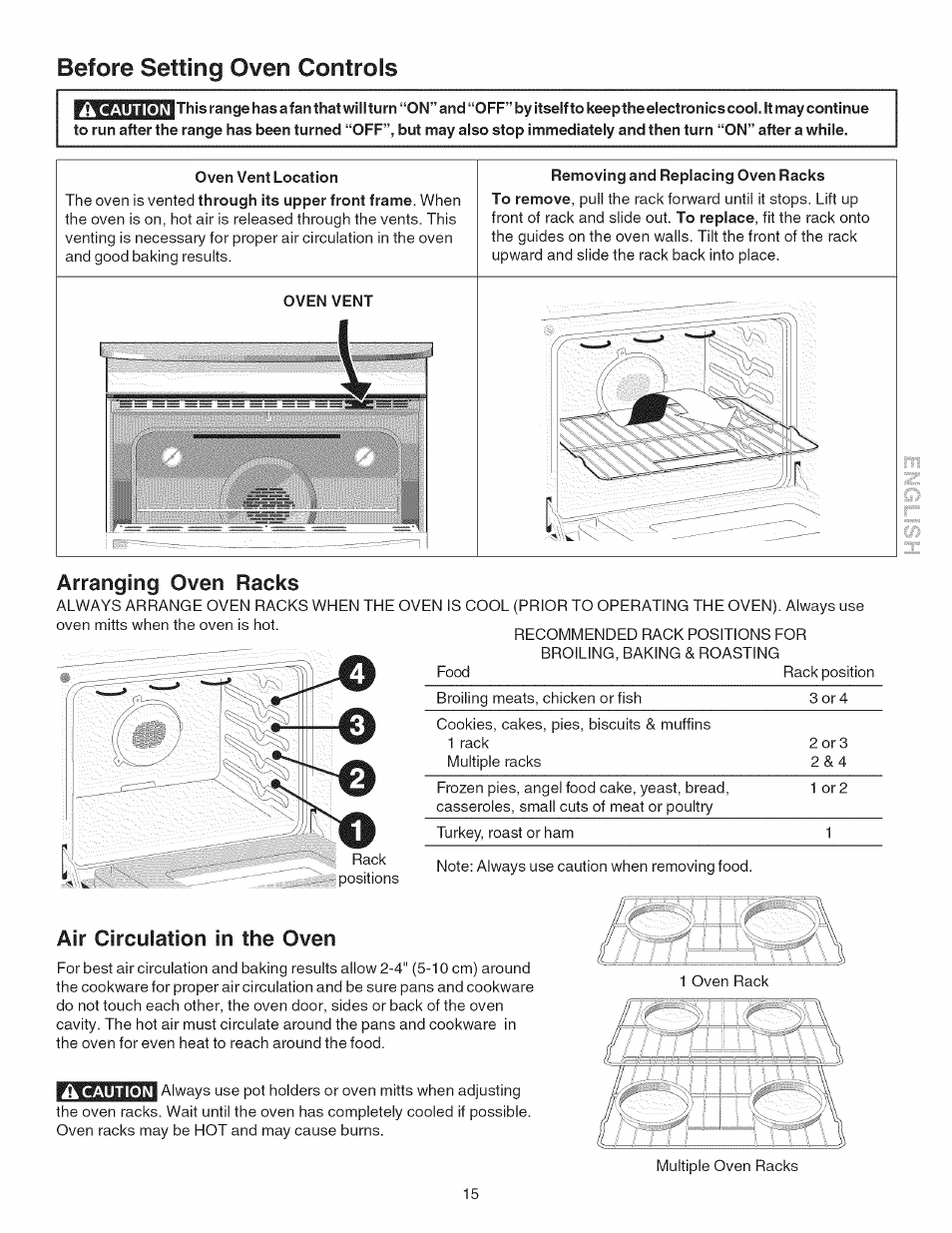 Before setting oven controls, Oven vent location, Removing and replacing oven racks | Arranging oven racks, Air circulation in the oven, Before setting the oven controls | Kenmore 790.4101 User Manual | Page 15 / 44