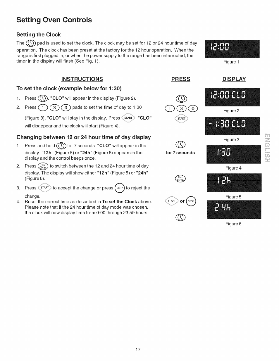 Setting oven controls, Setting the clock, Instructions | To set the clock (example below for 1:30), Changing between 12 or 24 hour time of day display, Press, Display, For 7 seconds, Ju llu, Setting oven controls -33 | Kenmore 790.4101 User Manual | Page 17 / 44