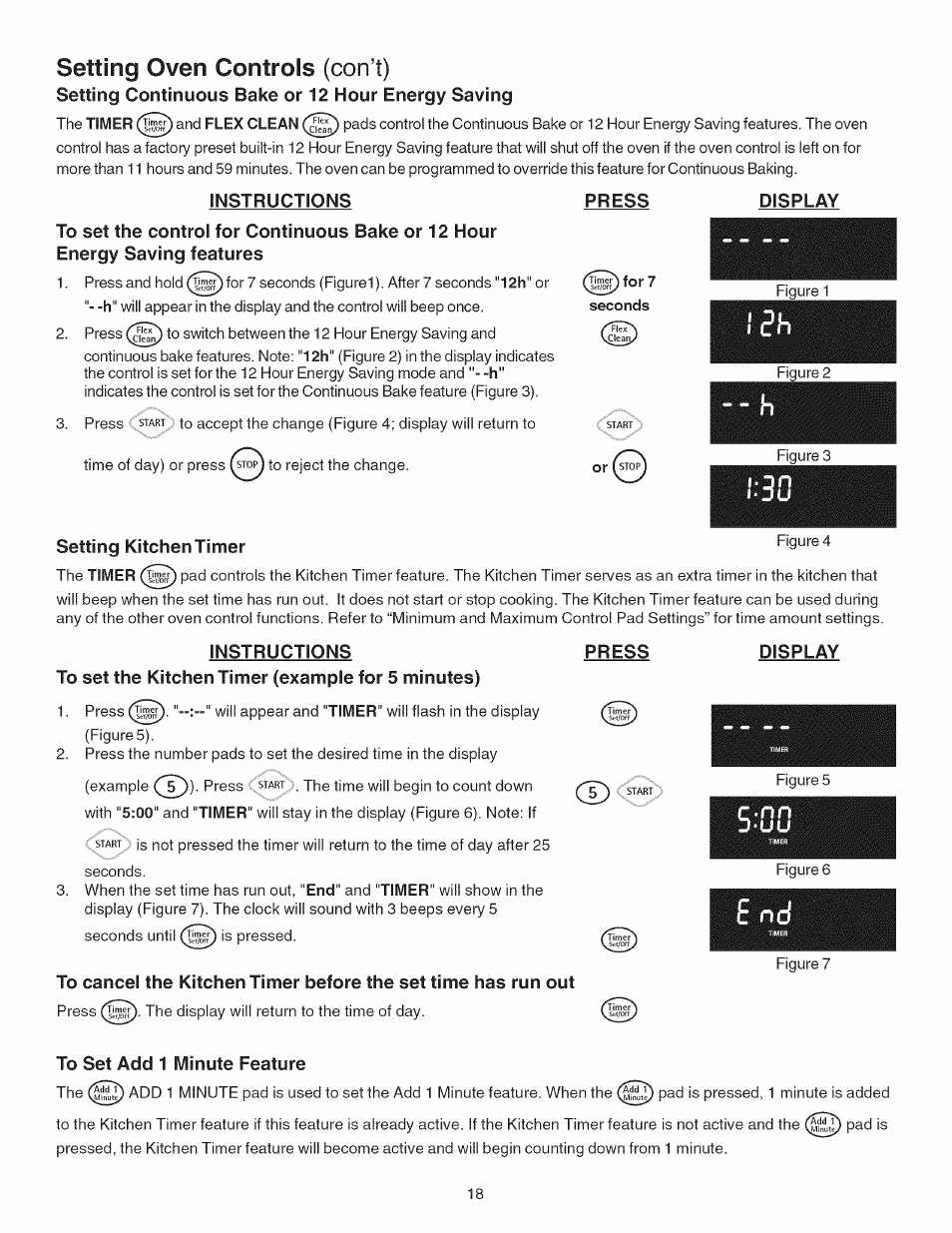 Instructions, Press, Display | Setting kitchen timer figure 4, To set the kitchen timer (example for 5 minutes), To set add 1 minute feature, E nd, Setting oven controls (con’t) | Kenmore 790.4101 User Manual | Page 18 / 44