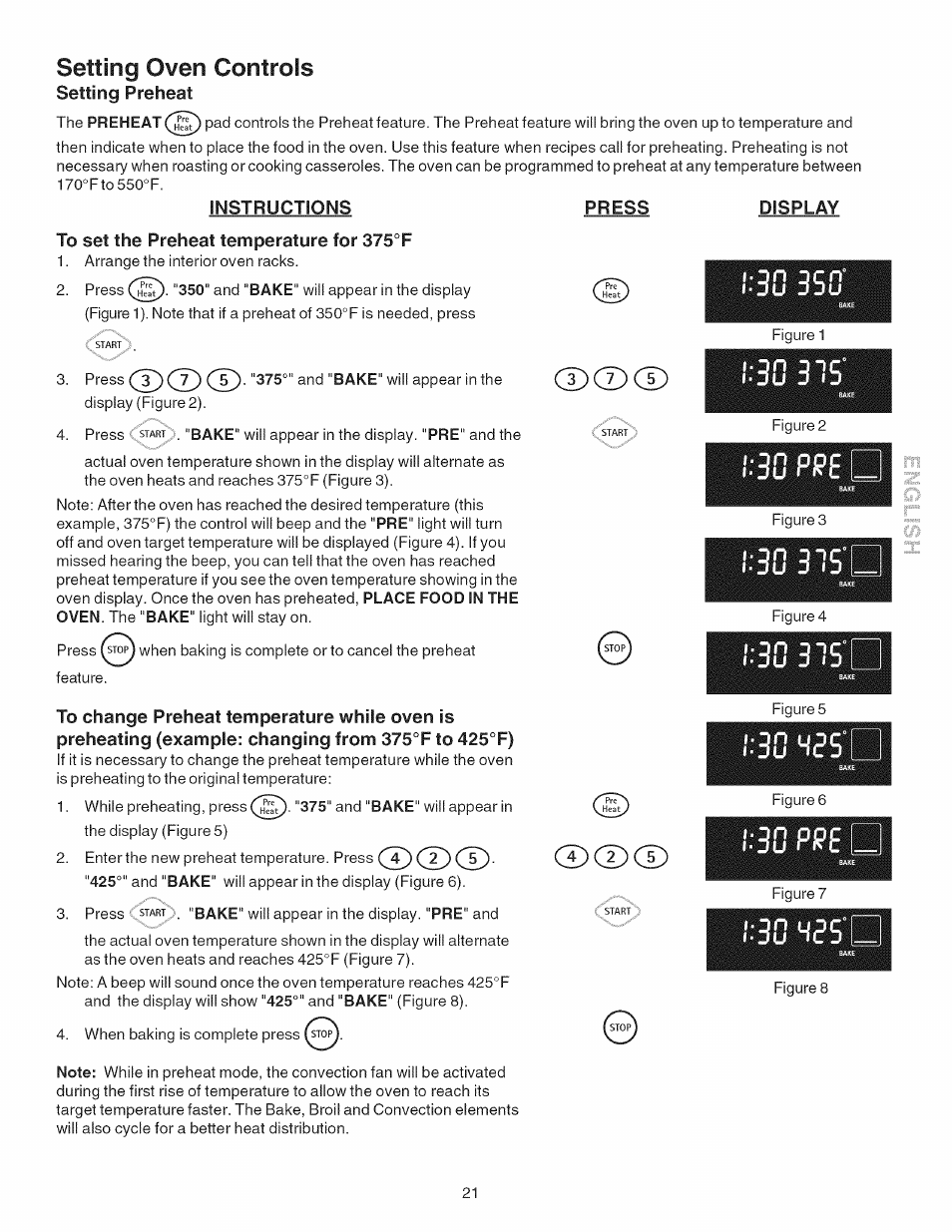 Instructions, To set the preheat temperature for 375°f, Press | Display, Cd® (d, 30 m35, Setting oven controls | Kenmore 790.4101 User Manual | Page 21 / 44