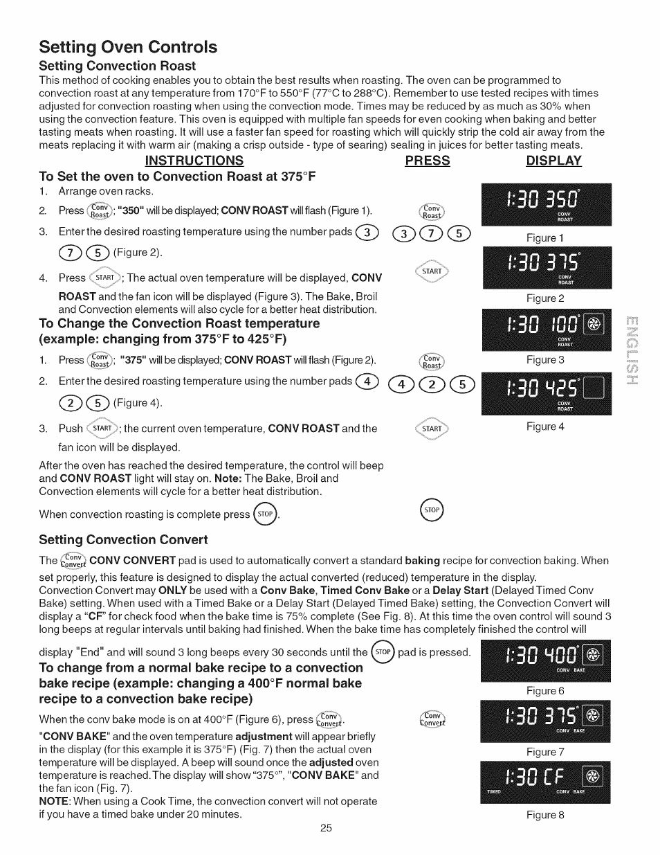 Setting convection roast, Instructions press display, To set the oven to convection roast at 375°f | Setting convection convert, D cd, Cd cd (^'9^''® 2), 30 cf, Setting oven controls, U nuu, N unn | Kenmore 790.4101 User Manual | Page 25 / 44