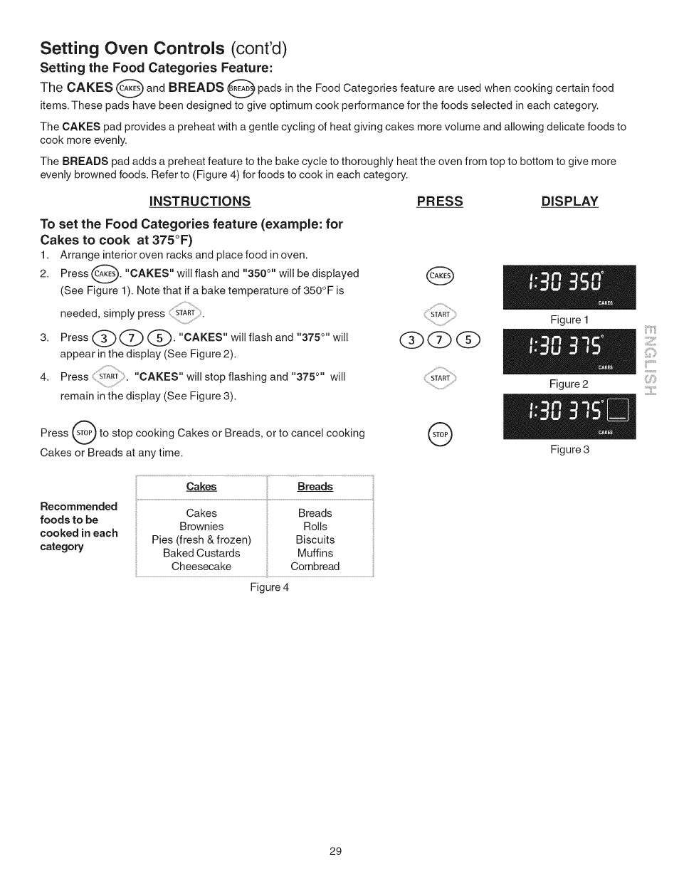 Setting oven controls (cont’d), Setting the food categories feature, Instructions | Press, Display, D®cd | Kenmore 790.4101 User Manual | Page 29 / 44