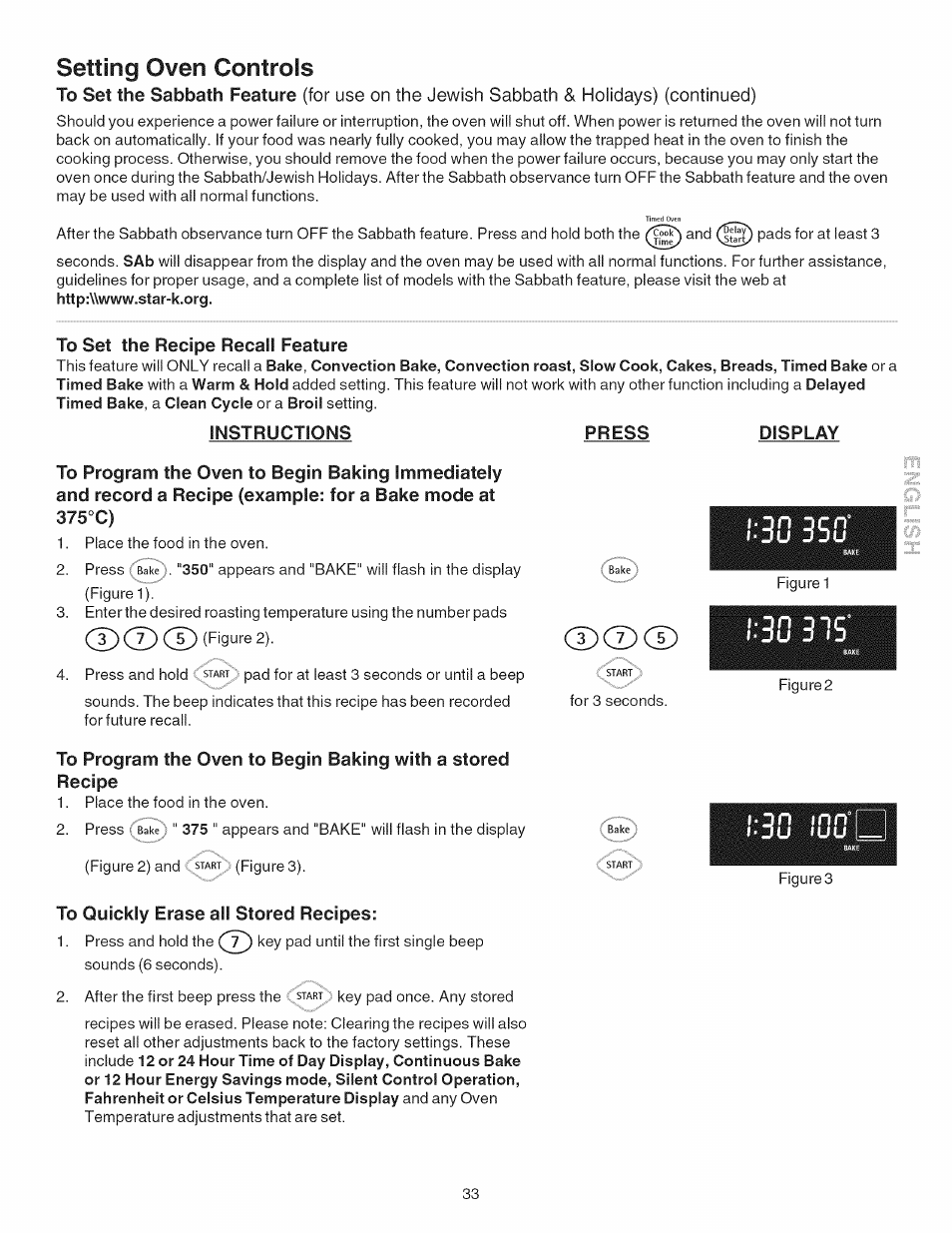 To set the recipe recall feature, Instructions, 375x) | To quickly erase all stored recipes, Press, Display, Cd cd cd, Setting oven controls, D u luu | Kenmore 790.4101 User Manual | Page 33 / 44