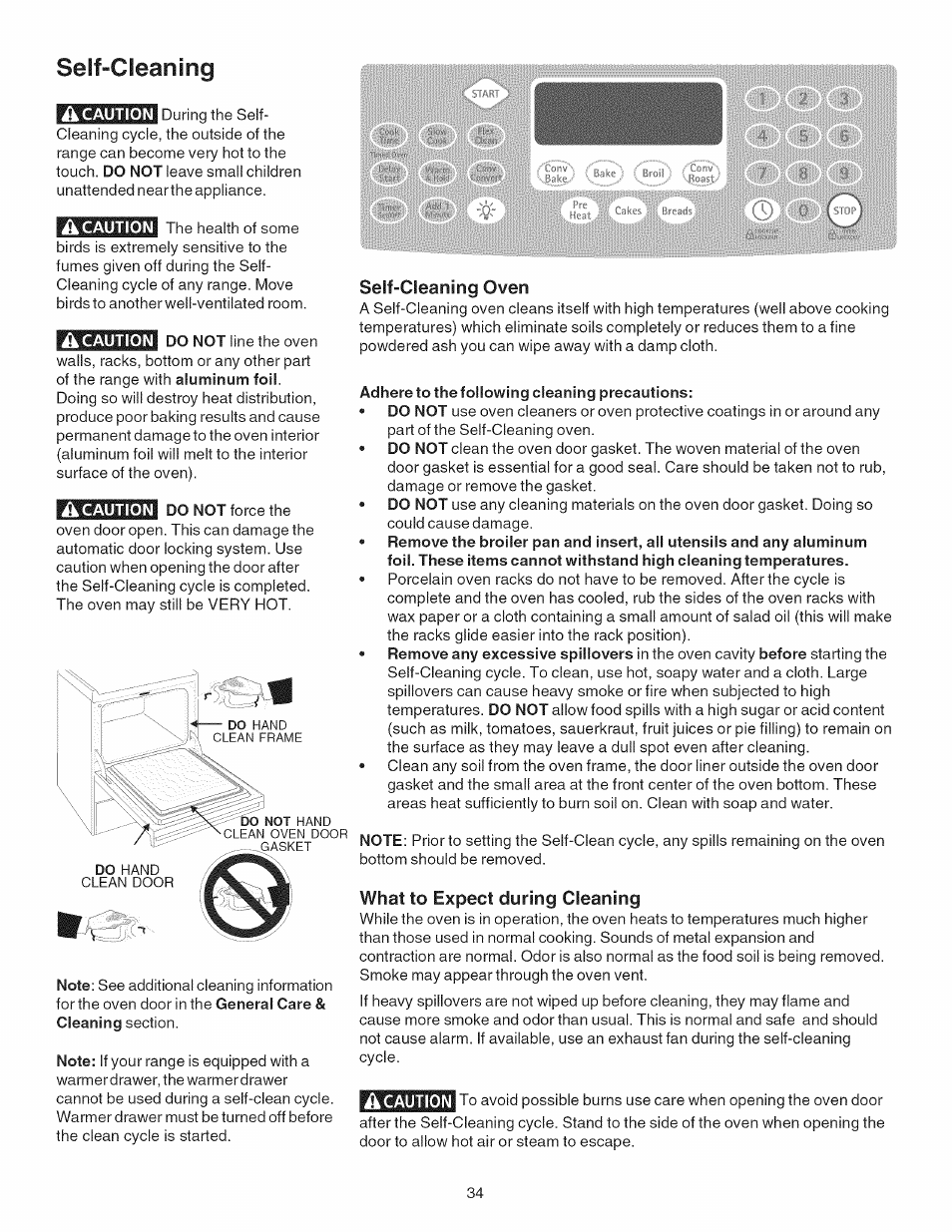 Seif-cleaning, A caution, Self-cleaning oven | Adhere to the following cleaning precautions, What to expect during cleaning | Kenmore 790.4101 User Manual | Page 34 / 44