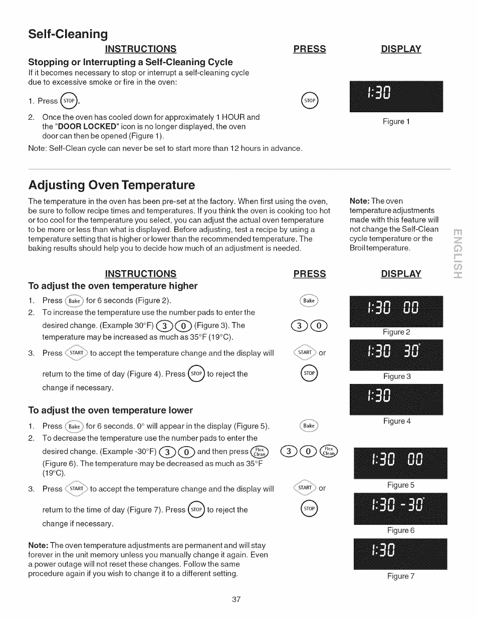 Seif-cleaning, Instructions, Press | Display, To adjust the oven temperature higher, To adjust the oven temperature lower, Adjusting the oven temperature, Adjusting oven temperature, On nn d u | Kenmore 790.4101 User Manual | Page 37 / 44