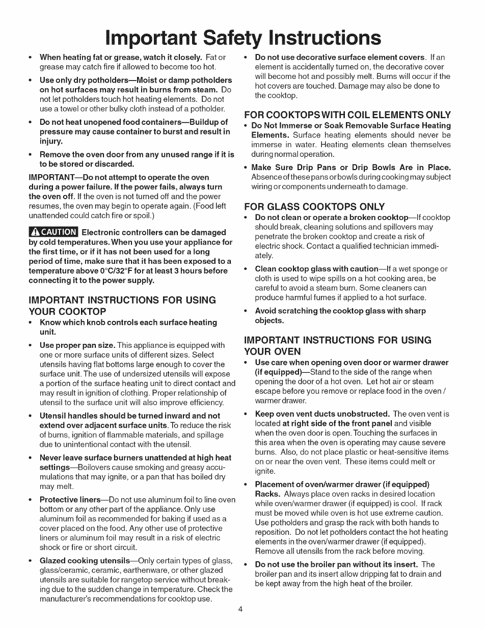 Important instructions for using your cooktop, For cooktops with coil elements only, For glass cooktops only | Important instructions for using your oven, Important safety instructions | Kenmore 790.4101 User Manual | Page 4 / 44