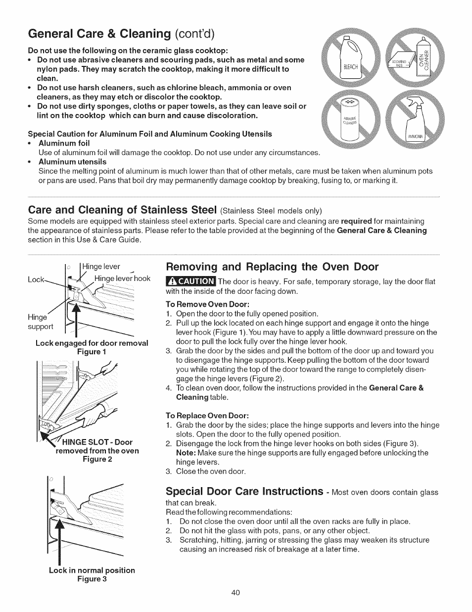 Removing and replacing the oven door, To remove oven door, To replace oven door | General care & cleaning (cont’d), Care and cleaning of stainless steel, Special door care instructions | Kenmore 790.4101 User Manual | Page 40 / 44