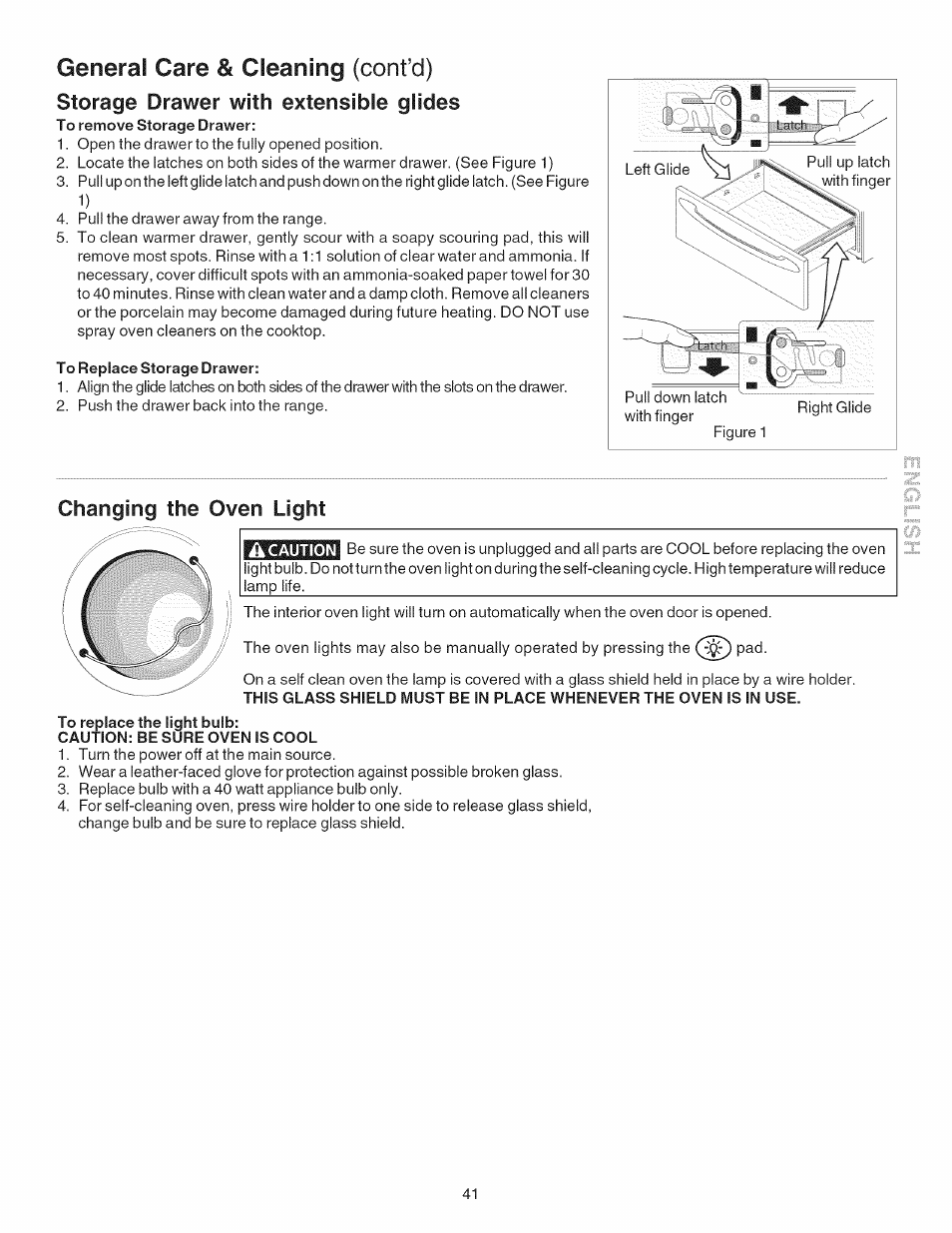 To replace storage drawer, Changing the oven light, To replace the light bulb | Caution: be sure oven is cool, General care & cleaning (cont’d) | Kenmore 790.4101 User Manual | Page 41 / 44