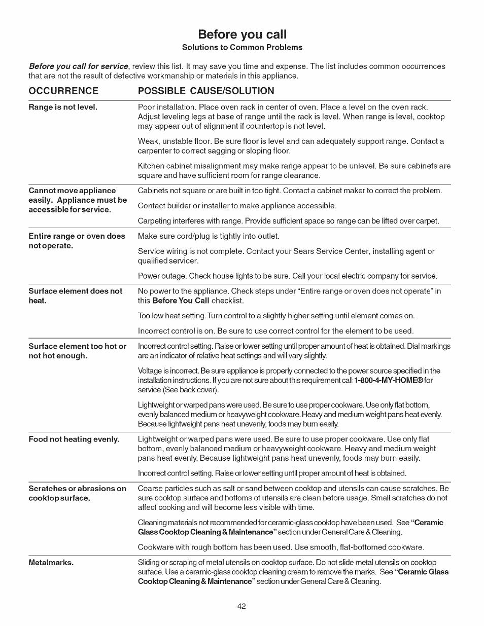 Before you call, Solutions to common problems, Possible cause/solution | Range is not level, Entire range or oven does not operate, Surface element does not heat, Surface element too hot or not hot enough, Food not heating evenly, Before you call -43, Occurrence possible cause/solution | Kenmore 790.4101 User Manual | Page 42 / 44