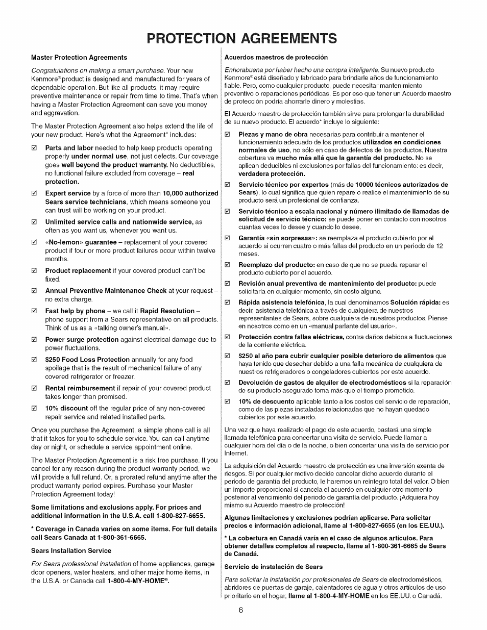 Protection agreeivients | Kenmore 790.4101 User Manual | Page 6 / 44