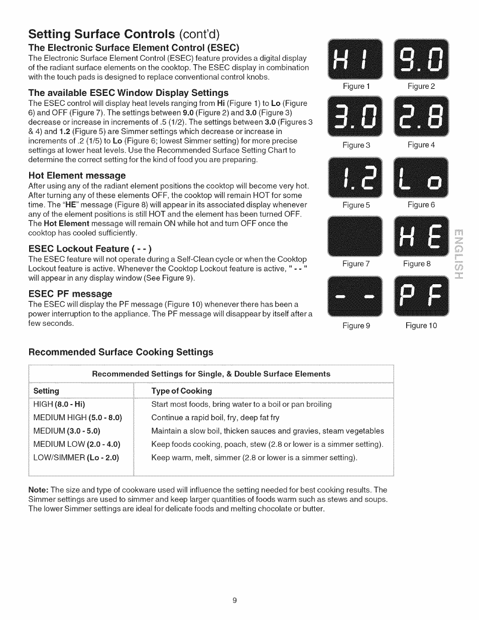 The electronic surface element control (esec), The available esec window display settings, Hot element message | Esec lockout feature (- -), Esec pf message, Recommended surface cooking settings, Setting, Setting surface controls (cont’d) | Kenmore 790.4101 User Manual | Page 9 / 44