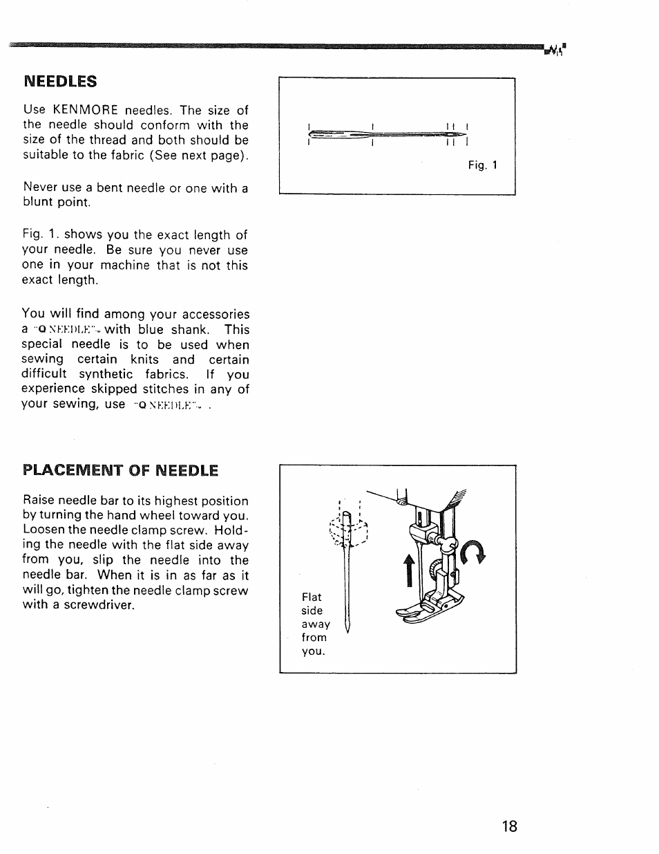 Placement of needle, Needles | Kenmore 1030 User Manual | Page 19 / 46