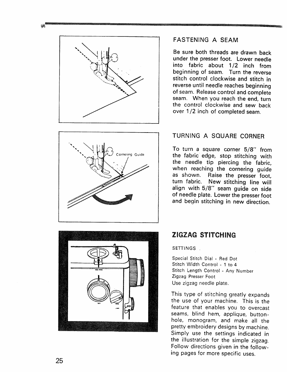 Fastening a seam, Turning a square corner, Zigzag stitching | Kenmore 1030 User Manual | Page 26 / 46