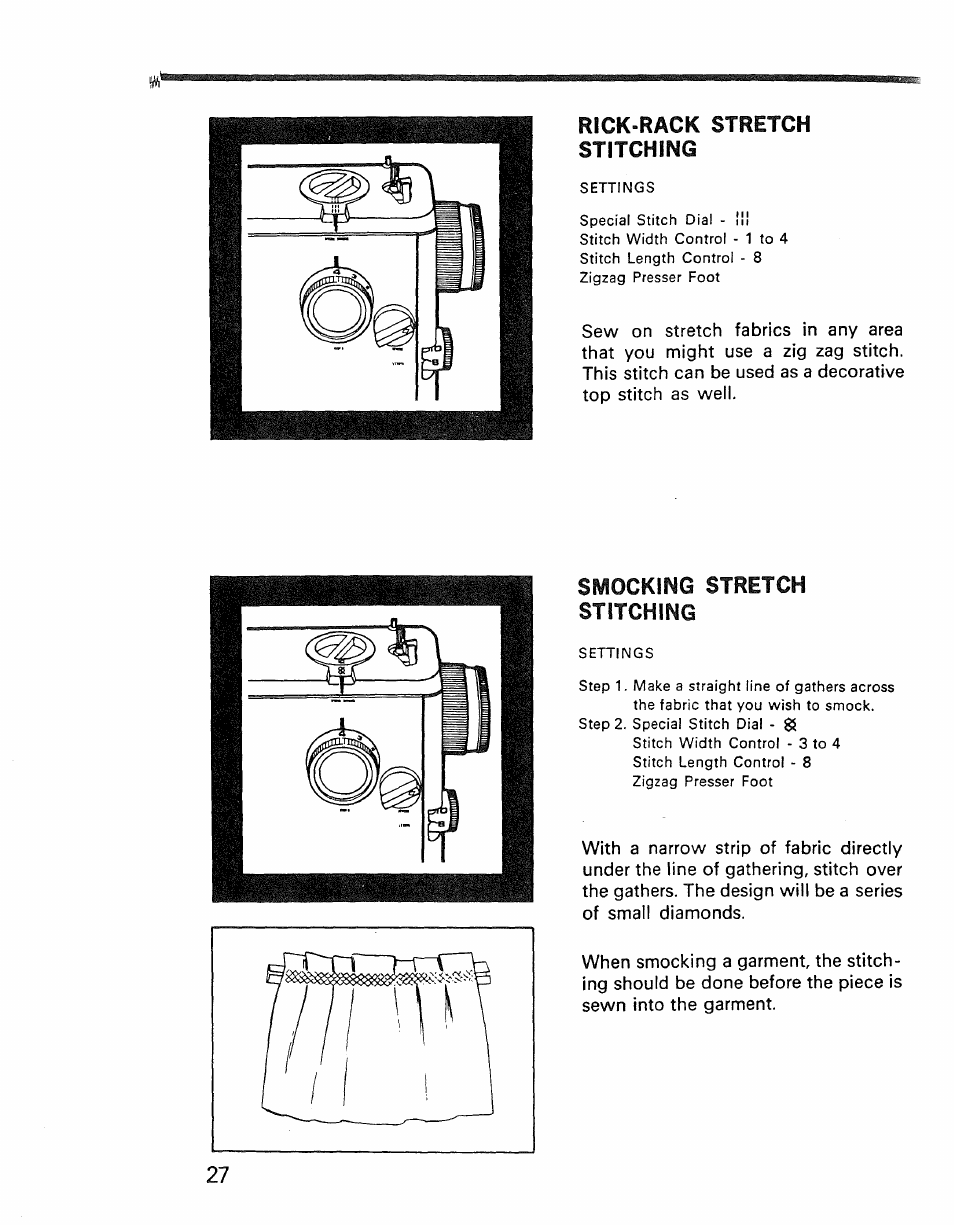 Smocking stretch, Rick-rack stretch stitching, Stitching | Kenmore 1030 User Manual | Page 28 / 46