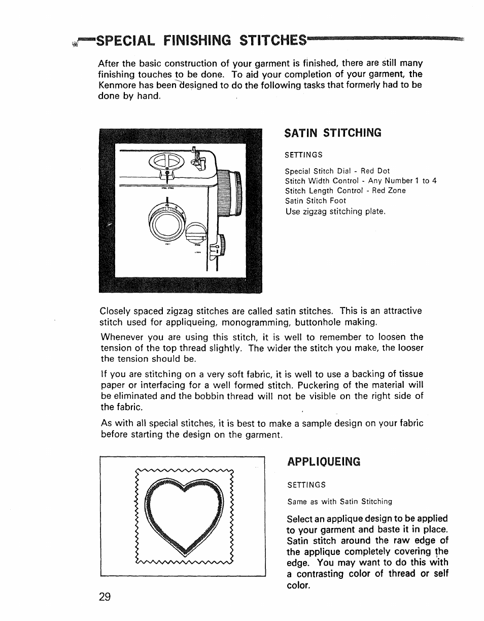 R-special finishing stitches, Satin stitching, Appliqueing | Kenmore 1030 User Manual | Page 30 / 46