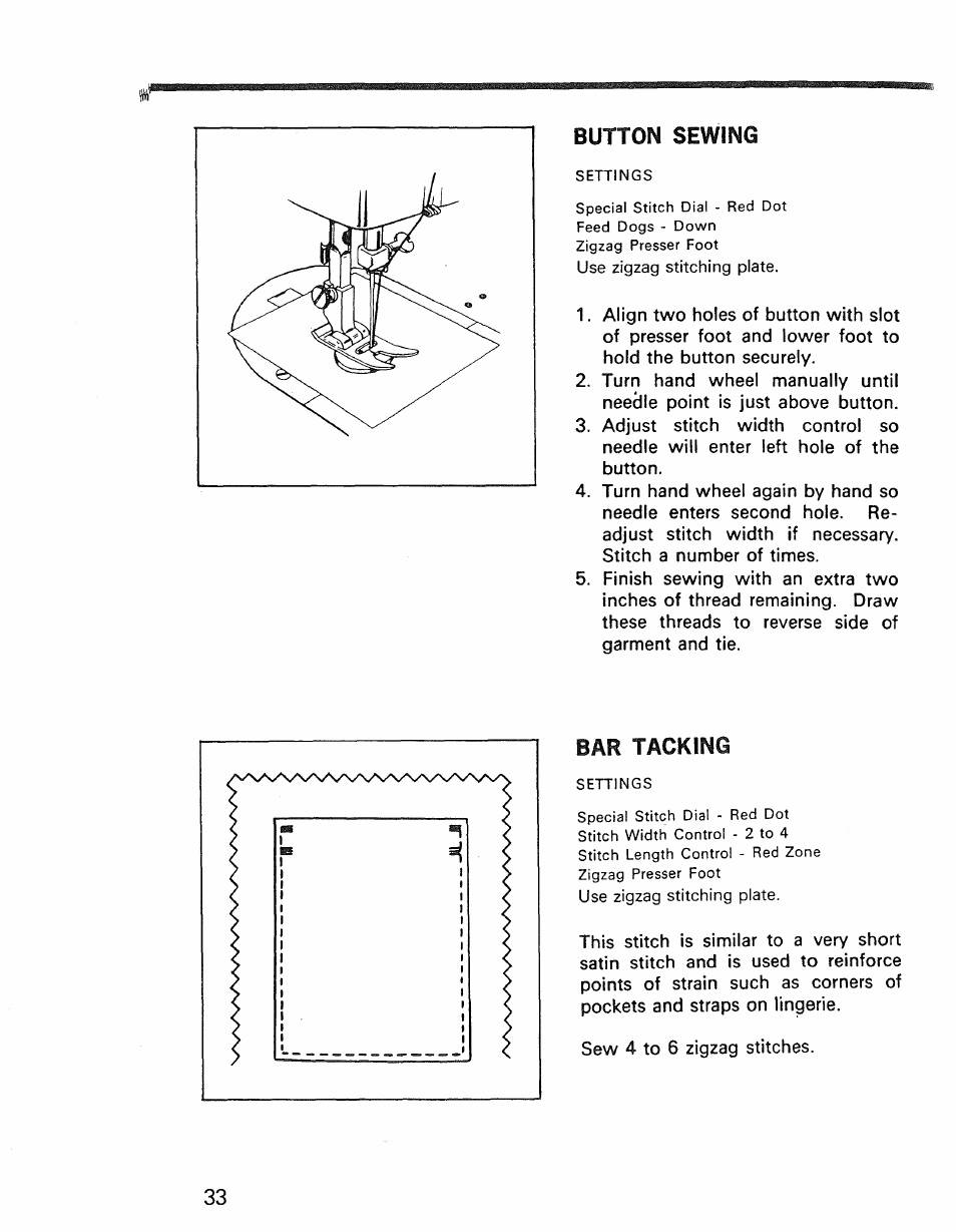 Bar tacking, Button sewing | Kenmore 1030 User Manual | Page 34 / 46