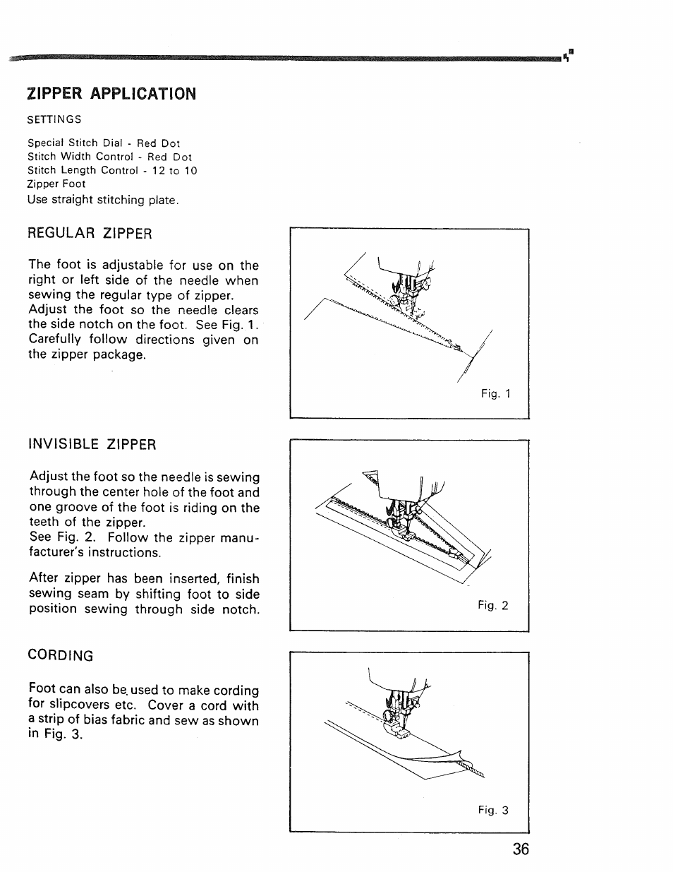 Zipper application, Regular zipper, Invisible zipper | Cording | Kenmore 1030 User Manual | Page 37 / 46