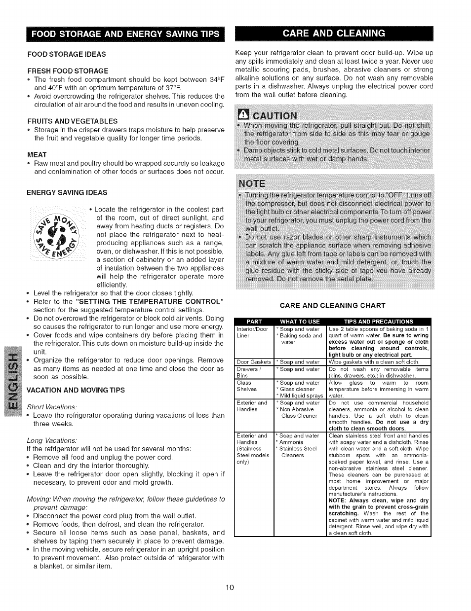 Food storage and energy saving tips, Care and cleaning, Care and cleaning chart | Kenmore 44823 User Manual | Page 10 / 13