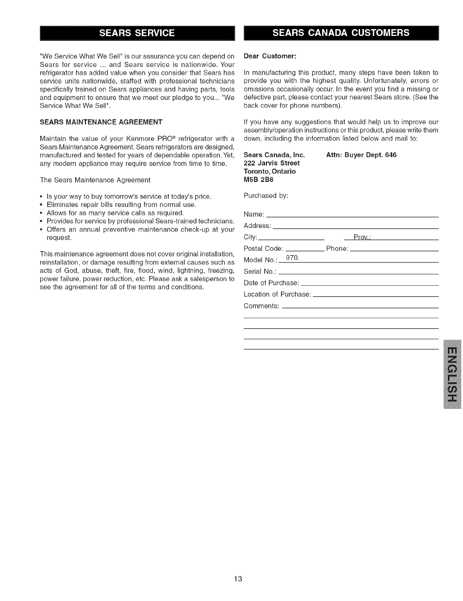 Sears service sears canada customers | Kenmore 44823 User Manual | Page 13 / 13