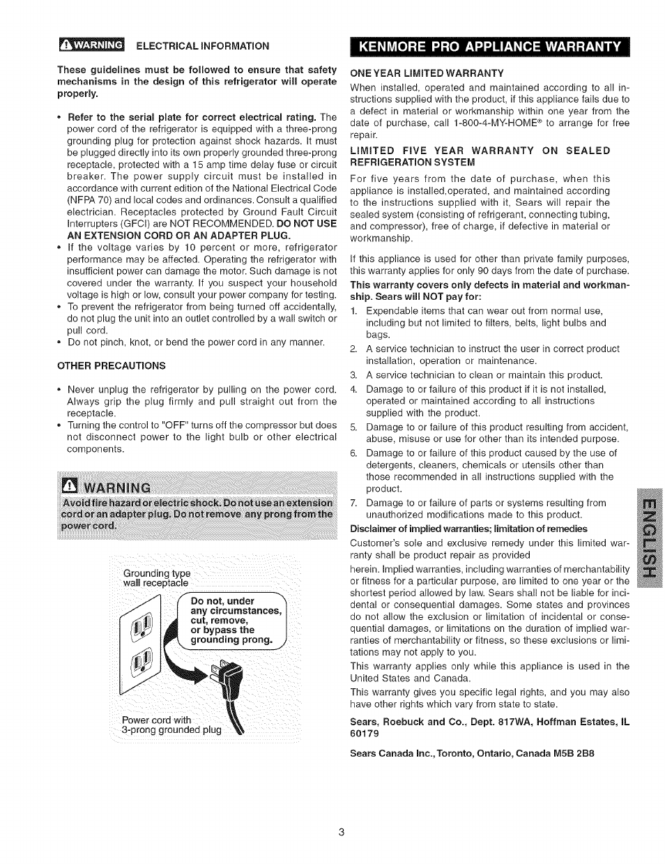 Kenmore pro appliance warranty, Ik warning, Under | Roebuck, Estates | Kenmore 44823 User Manual | Page 3 / 13