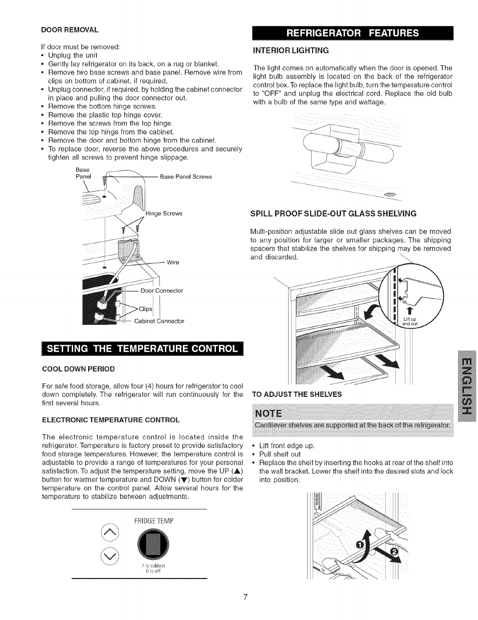 Refrigerator features, Setting the temperature control | Kenmore 44823 User Manual | Page 7 / 13