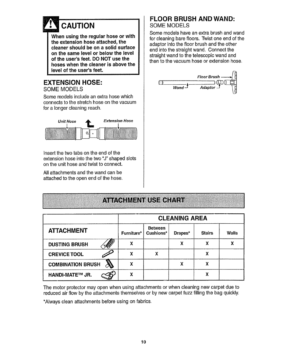 Caution, Extension hose, Floor brush and wand | Attachment use chart | Kenmore 116.3172 User Manual | Page 10 / 22