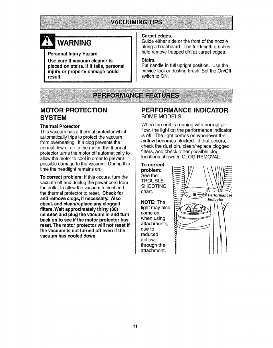 Motor protection system, Thermal protector, Performance indicator | Vacuuming tips, Ij warning, Performance features motor protection system | Kenmore 116.3172 User Manual | Page 11 / 22