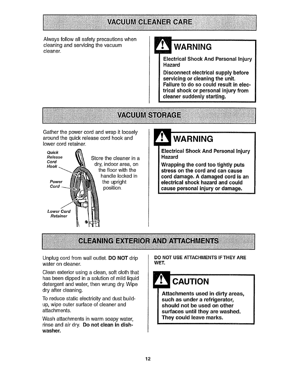 Vacuum cleaner care, Warning, Cleaning exterior and attachments | Caution, Vacuum storagr | Kenmore 116.3172 User Manual | Page 12 / 22