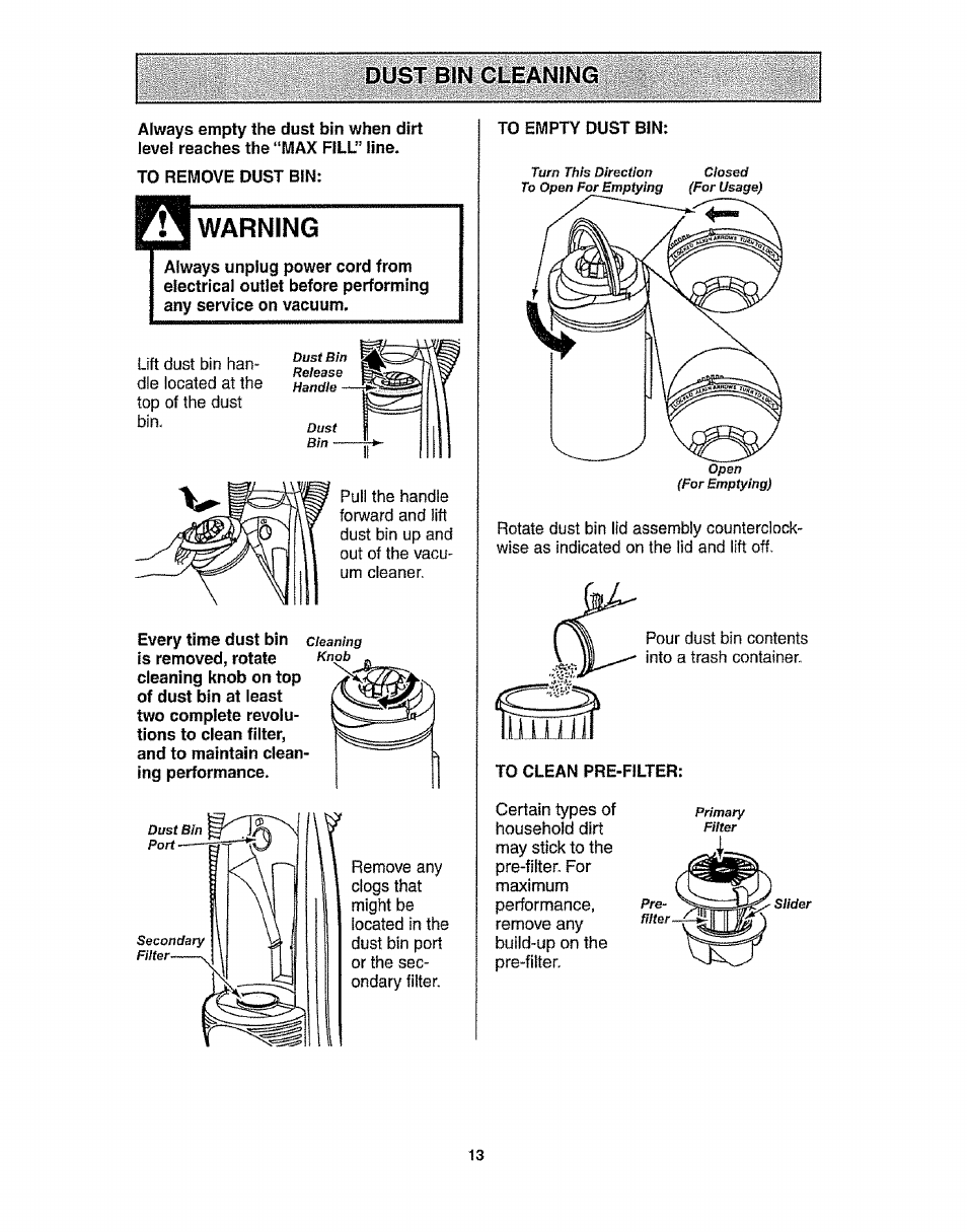 Warning, Dust bin cleani | Kenmore 116.3172 User Manual | Page 13 / 22