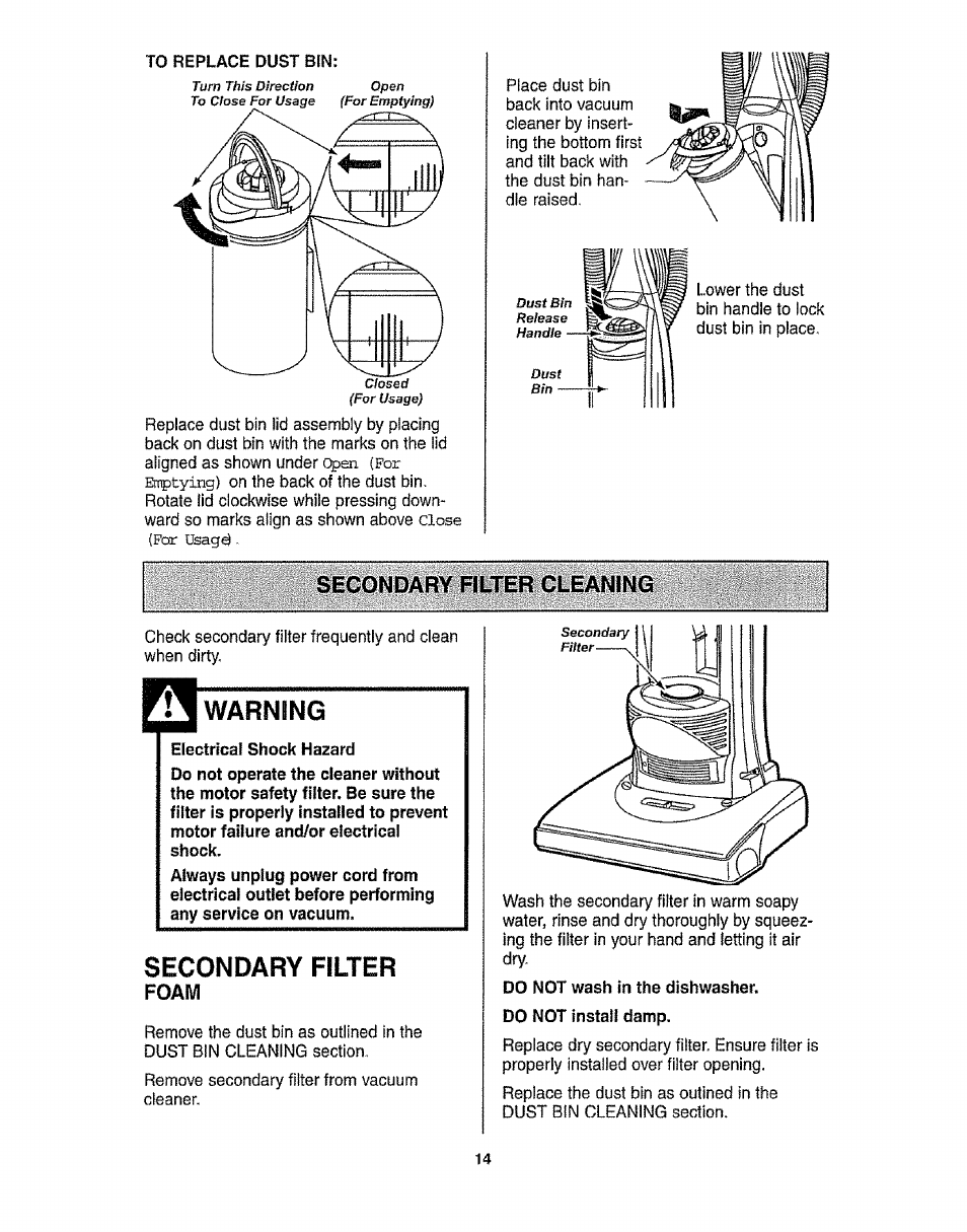 Secondary filter cleaning, Warning, Electrical shock hazard | Secondary filter, Do not wash in the dishwasher, Foam | Kenmore 116.3172 User Manual | Page 14 / 22