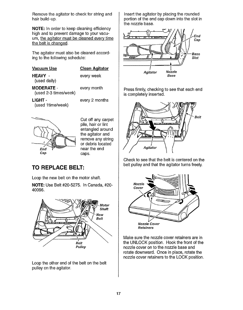 Vacuum use, Moderate, Light | Kenmore 116.3172 User Manual | Page 17 / 22