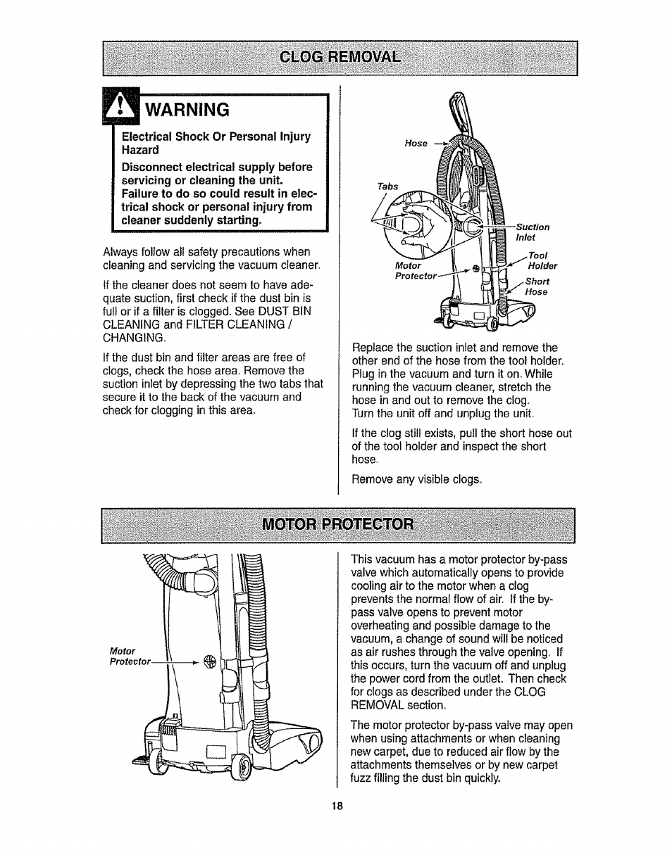 Clog removal, Warning, Electrical shock or personal injury hazard | Motor protector, Clog removal motor protector | Kenmore 116.3172 User Manual | Page 18 / 22