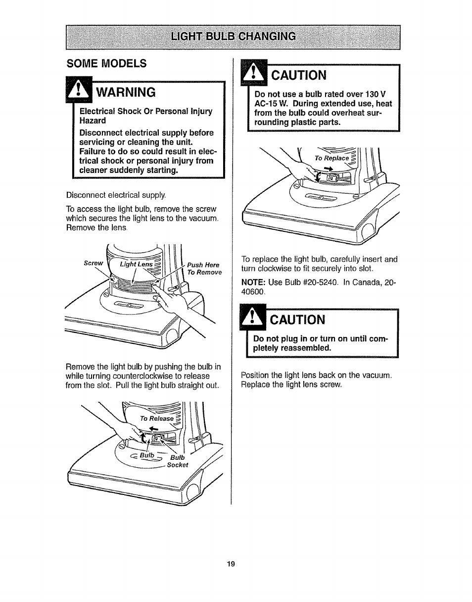 Some models, Warning, Electrical shock or personal injury hazard | Caution | Kenmore 116.3172 User Manual | Page 19 / 22