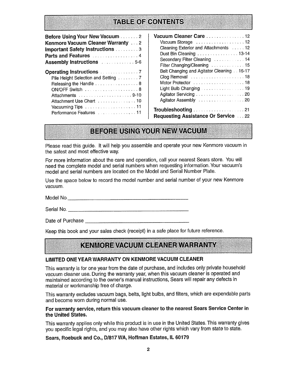 Before using your new vacuum, Kenmore vacuum cleaner warranty | Kenmore 116.3172 User Manual | Page 2 / 22