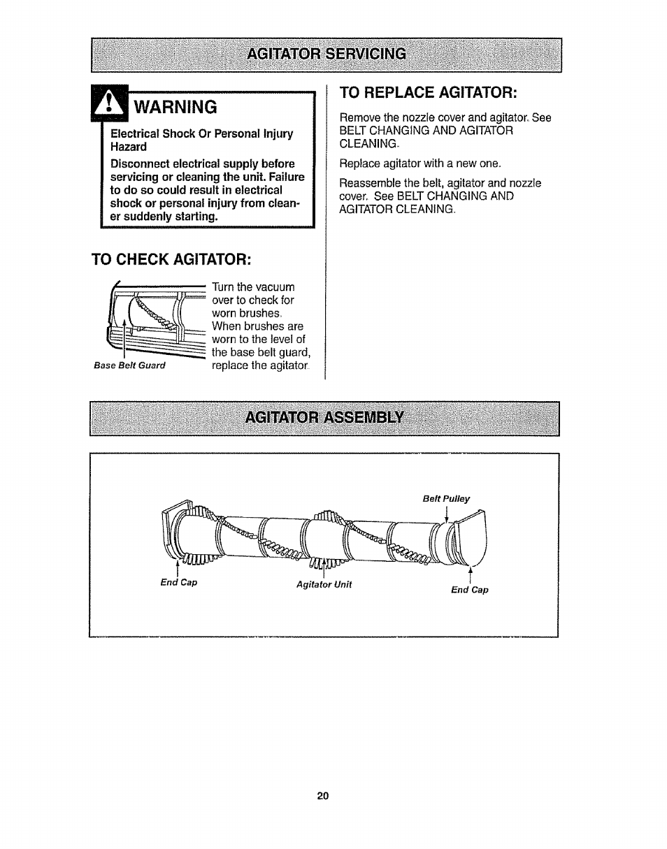 Agitator servicing, Warning, To check agitator | To replace agitator, Agitator assembly | Kenmore 116.3172 User Manual | Page 20 / 22