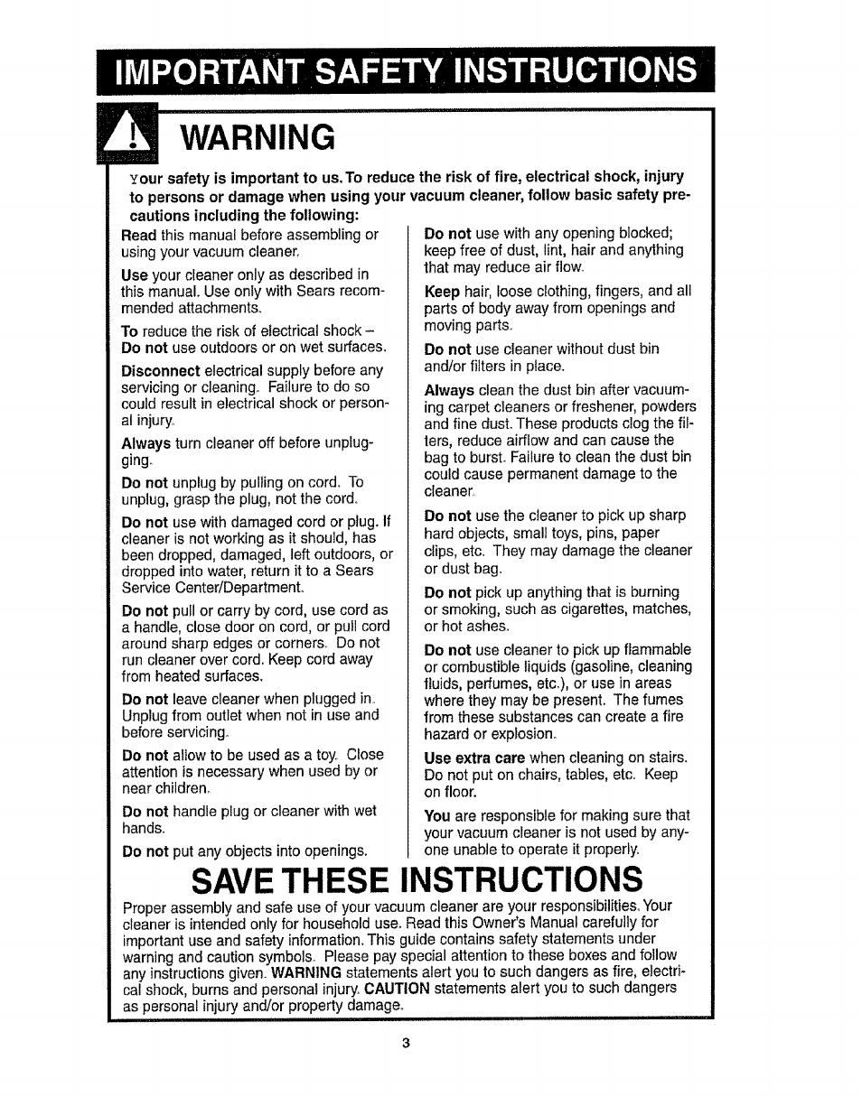 Important safety instructions, Warning, Save these instructions | Important safety instructions warning | Kenmore 116.3172 User Manual | Page 3 / 22