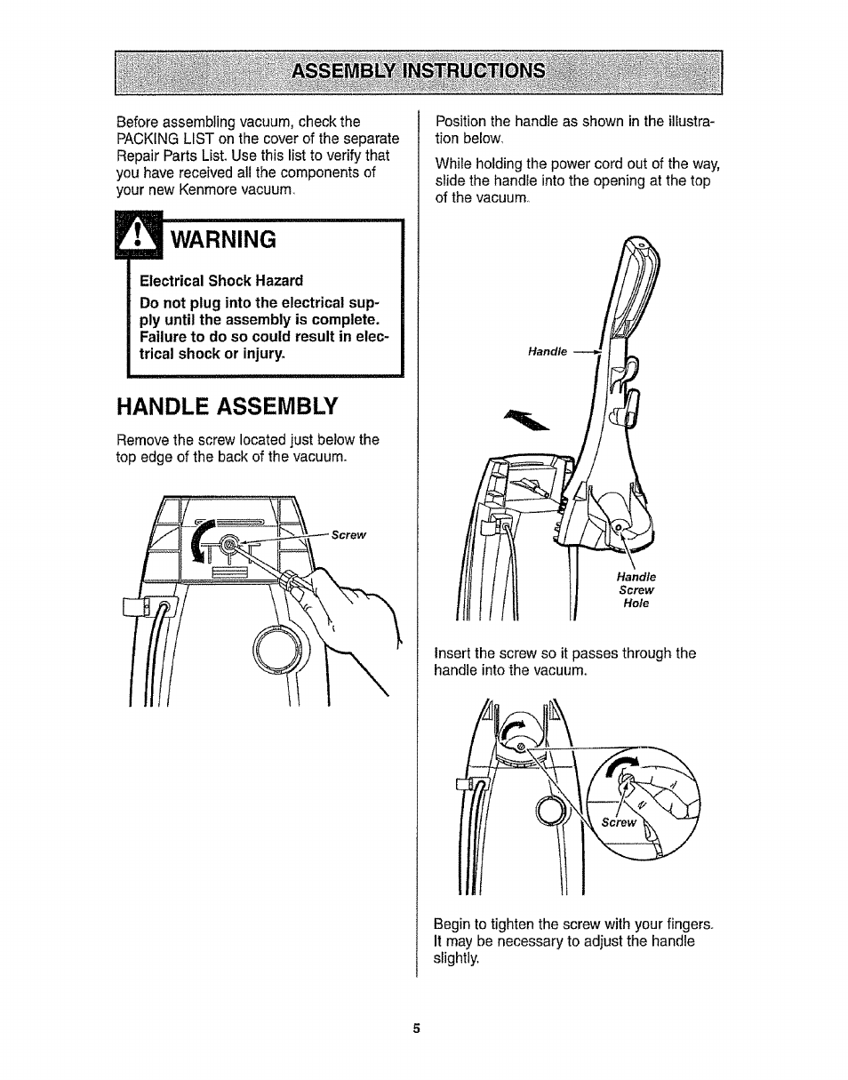 Assembly instructions, Warning, Ilectrical shock hazard | Handle assembly, Assembly instructions -6 | Kenmore 116.3172 User Manual | Page 5 / 22