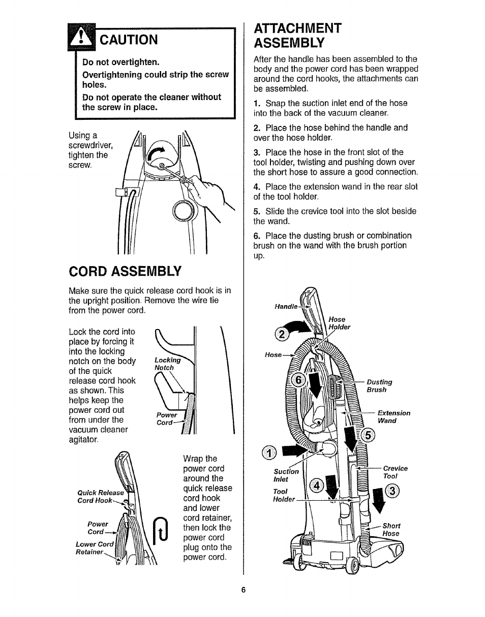 Caution, Do not overtighten, Cord assembly | Attachment, Assembly, Attachment assembly | Kenmore 116.3172 User Manual | Page 6 / 22