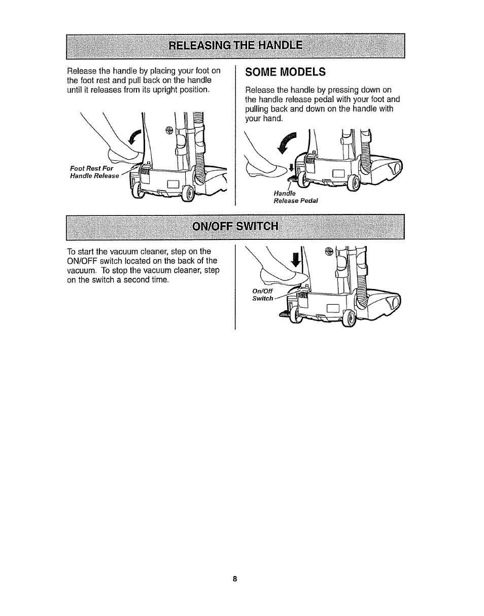 Releasing the handle, Some models | Kenmore 116.3172 User Manual | Page 8 / 22