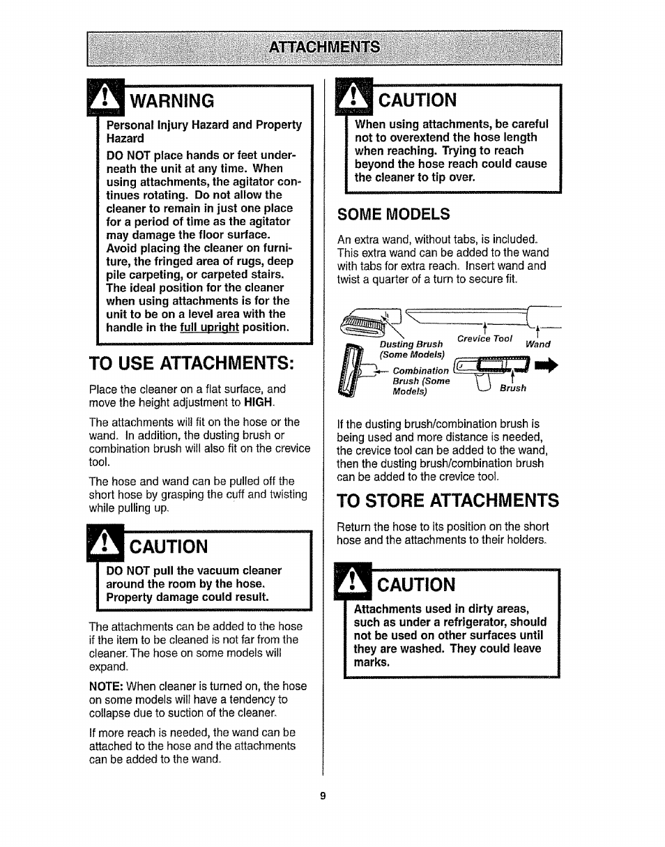 To use attachments, Caution, Some models | To store attachments, Warning | Kenmore 116.3172 User Manual | Page 9 / 22