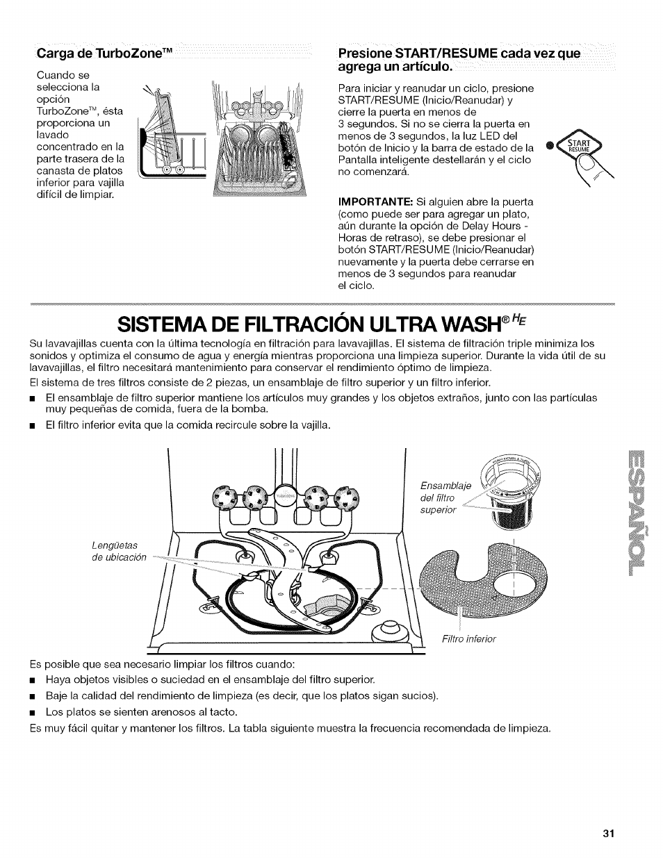 Sistema de filtración ultra wash, Carga de turbozone | Kenmore 13163 User Manual | Page 31 / 76