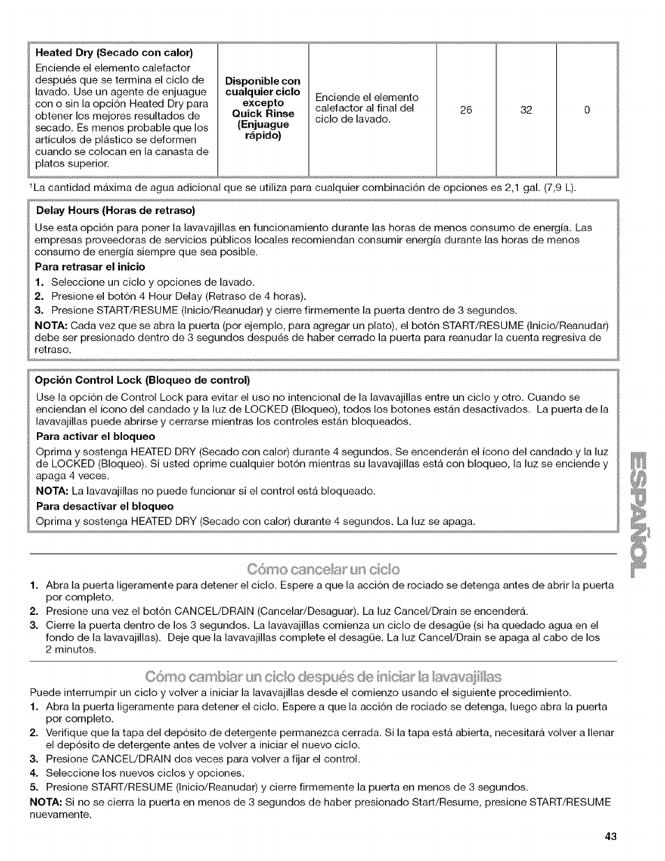 Heated dry (secado con calor), Delay hours (horas de retraso), Opción control lock (bloqueo de control) | Kenmore 13163 User Manual | Page 43 / 76