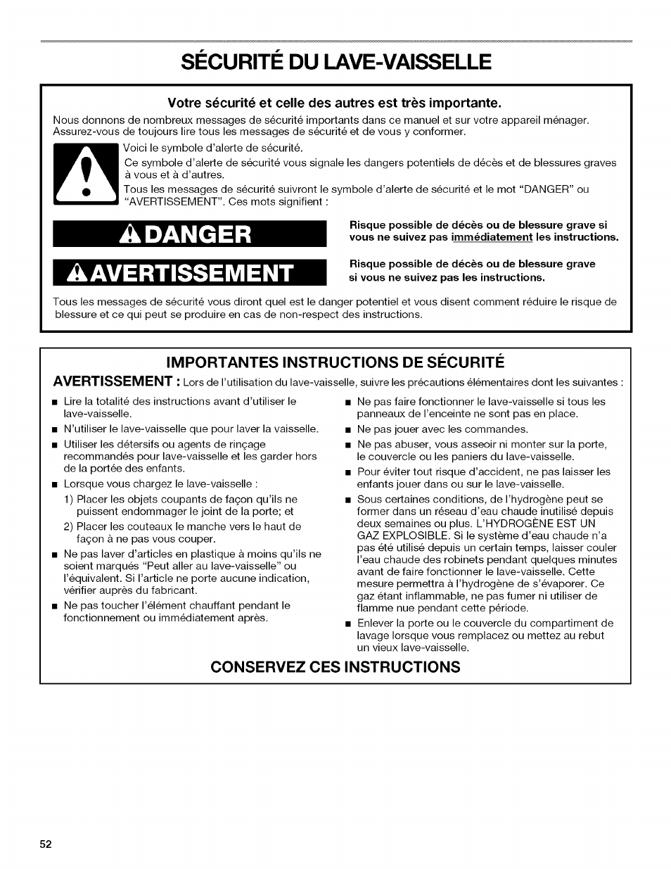 Securite du lave-vaisselle, Adanger, A avertissement | Importantes instructions de securite, Conservez ces instructions, Sécurité du lave-vaisselle, Adanger a avertissement | Kenmore 13163 User Manual | Page 52 / 76