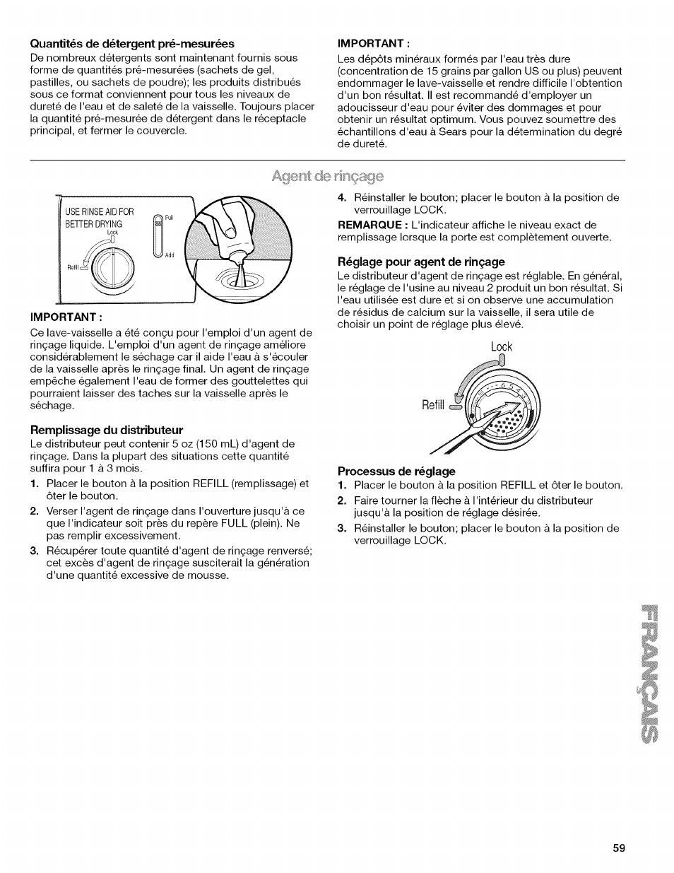 Important, Œrit, Le rinçage | Kenmore 13163 User Manual | Page 59 / 76