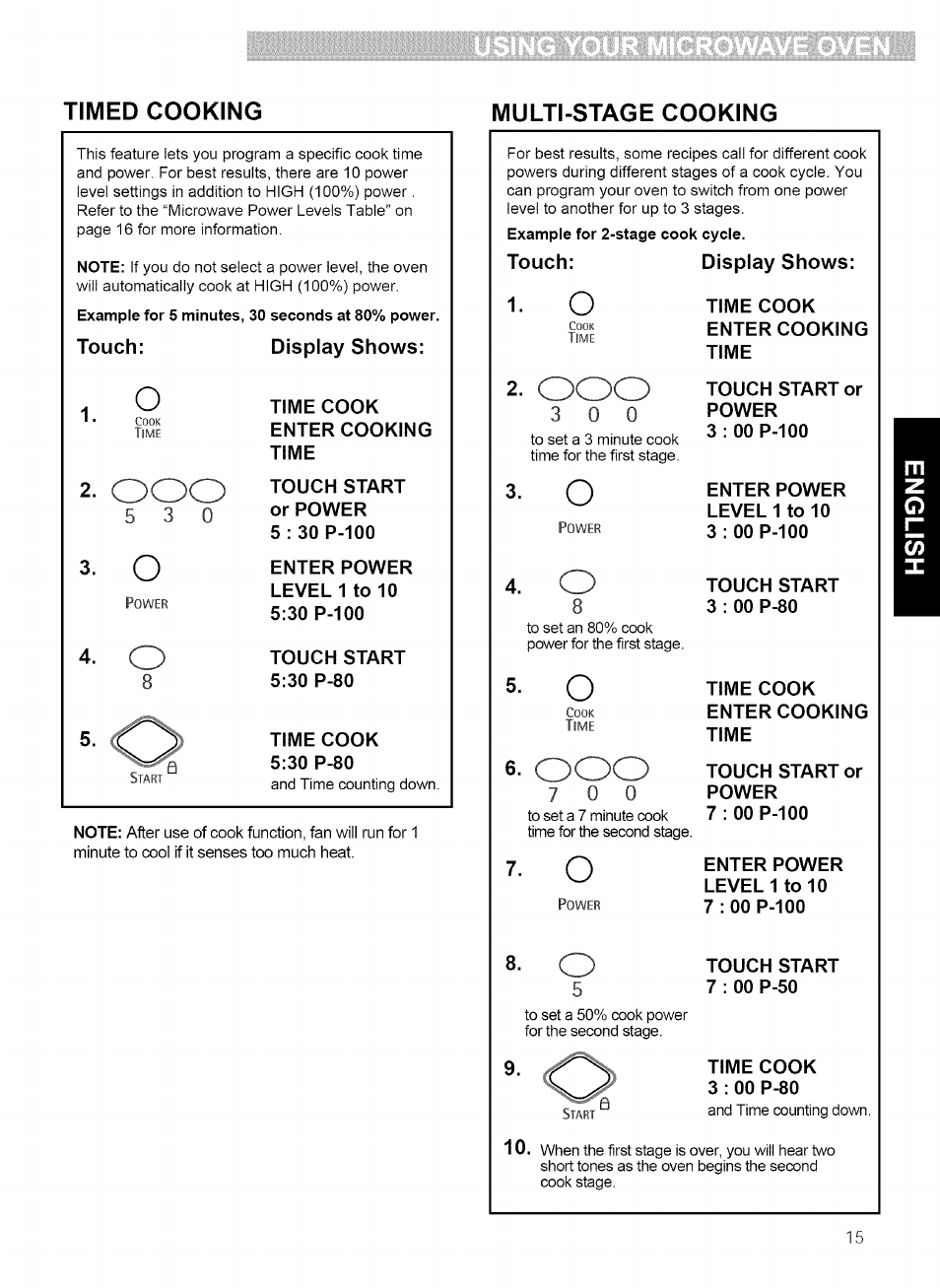 Multi-stage cooking, Time cook 3 : 00 p-80, Timed cooking multi-stage cooking | Kenmore 721.80869 User Manual | Page 15 / 35