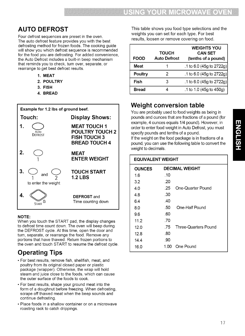 Meat, Poultry, Fish | Bread, Example for 1.2 lbs of ground beef, Note, Auto defrost, Operating tips, Weight conversion table, Touch: 1. o | Kenmore 721.80869 User Manual | Page 17 / 35